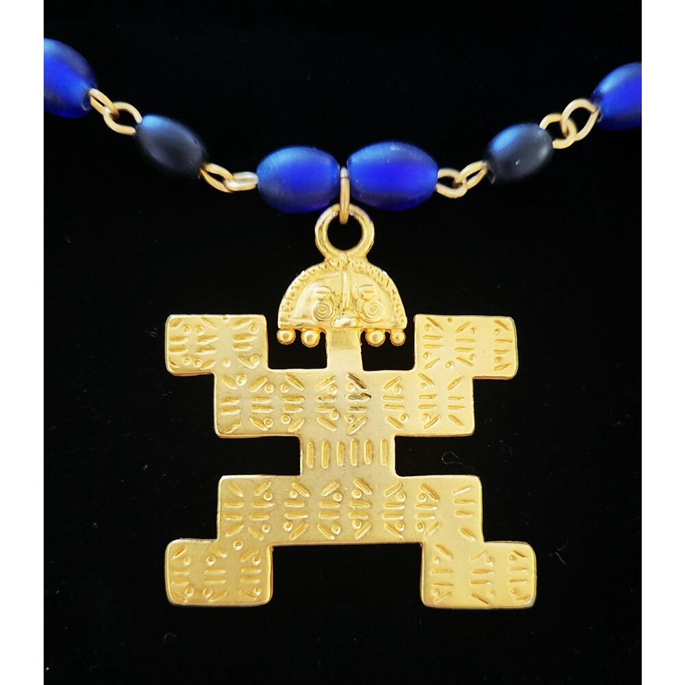 INCA brand vintage signed Mayan Inca revival medallion blue, black, gold beads
